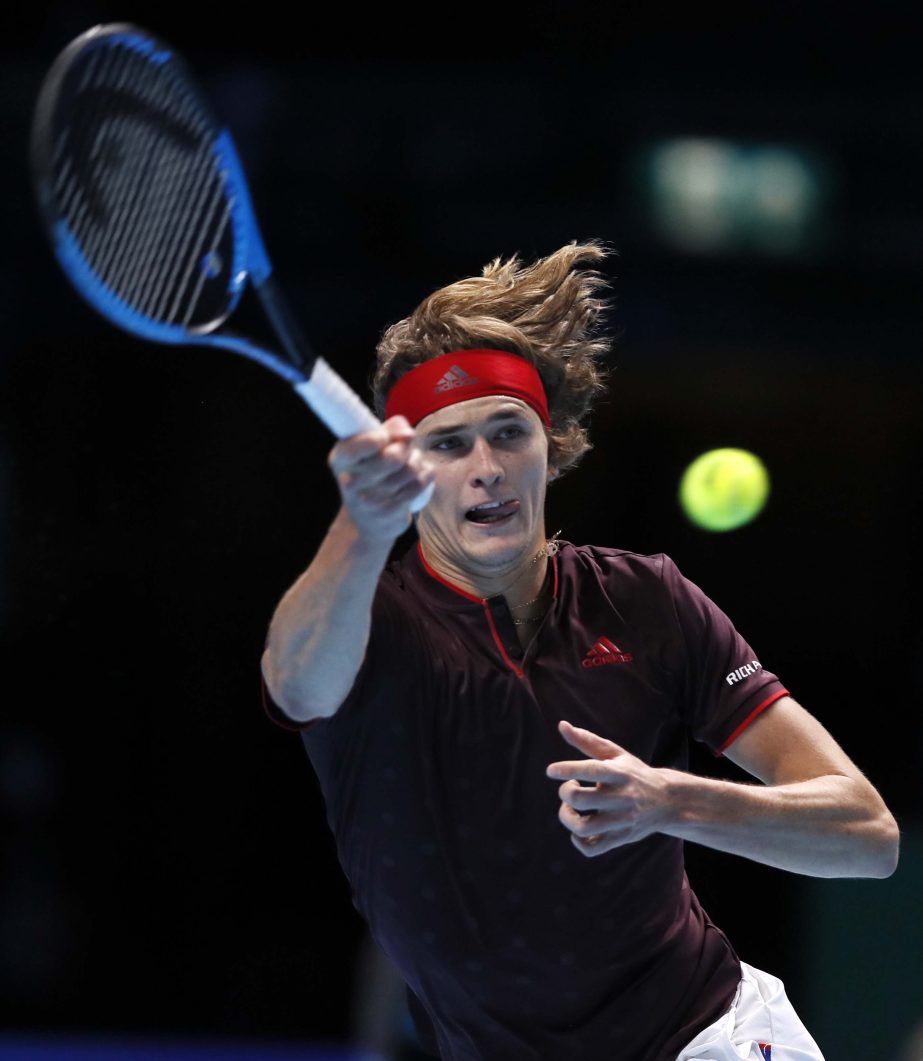Alexander Zverev of Germany plays a return to Marin Cilic of Croatia during their singles tennis match at the ATP World Finals at the O2 Arena in London on Sunday.