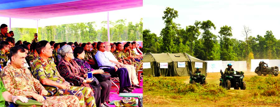 Indonesian Envoy to Bangladesh Mrs. Rina Soemarno along with other distinguished persons witnessing an exercise on 'Protection of Civilian' at Rajendrapur Cantonment on Tuesday. ISPR photo