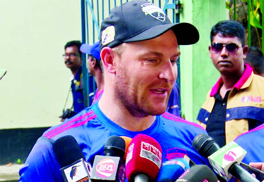 Brendon McCullum of Rangpur Riders talking to the newsmen in the city's Mirpur on Thursday.
