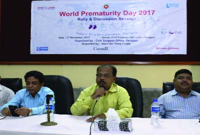 RANGPUR: Dr Md Mozammel Hossain, Divisional Director, Health, Rangpur speaking at a press briefing organised on the occasion of the World Prematurity Day at Civil Surgeon Office Auditorium, Rangpur on Friday.
