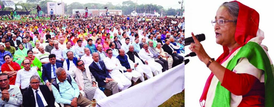 Prime Minister Sheikh Hasina addressing a grand rally organized by Nagorik Committee to celebrate the recognition of the Historic 7th March Speech of Father of the Nation Bangabandhu Sheikh Mujibur Rahman by UNESCO as a World Documentary Herilage at Suhra