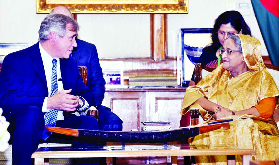 US Senator Jeff Merkley called on Prime Minister Sheikh Hasina at Ganabhaban in the city on Sunday. BSS photo