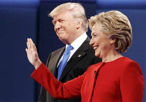 Donald Trump stands with Hillary Clinton at the first presidential debate on Sept. 26, 2016, at Hofstra University in Hempstead, New York. AP file photo