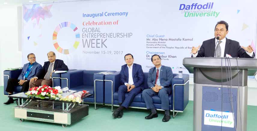 Planning Minister AHM Mustafa Kamal addressing the inaugural ceremony of a 5 daylong celebration of Global Entrepreneurship Week 2017 organized by Entrepreneurship Department of Daffodil International University on Wednesday.