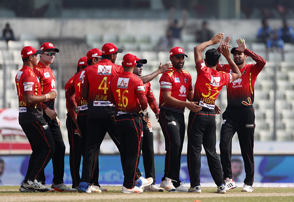 Players of Comilla Victorians after taking a wicket of Dhaka Dynamites in their Bangladesh Premier League (BPL) T20 Cricket match at the Sher-e-Bangla National Cricket Stadium, Mirpur on Monday.