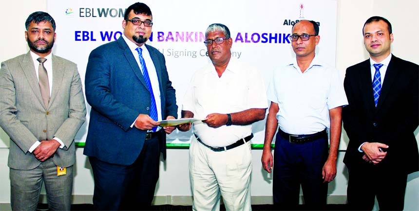 M Nazeem A Choudhury, Head of Consumer Banking of Eastern Bank Limited and James Mridul Halder, Executive Director of Aloshikha, exchanging an agreement signing documents at the banks head office in the city recently. Under the deal, Aloshikha members to