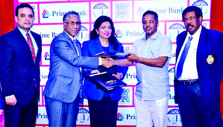 Ahmed Kamal Khan Chowdhury, Director of Prime Bank Limited, Abdul Latif Helaly, Project Director of Rajuk's Jhilmil Residential Park and Prof. Dr. S Sabrina, CEO of BNG Global Holding SDN BHD, Malaysia, exchanging an tripartite agreement signing document