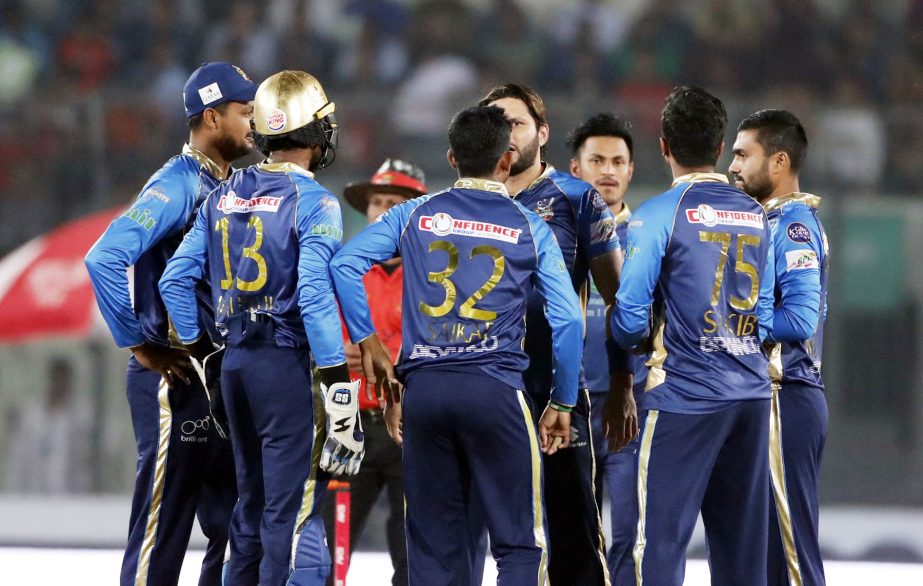 Players of Dhaka Dynamites celebrate after dismissal of a wicket of Rangpur Riders during the match of the AKS Bangladesh Premier League (BPL) Twenty20 Cricket between Dhaka Dynamites and Rangpur Riders at the Sher-e-Bangla National Cricket Stadium in the
