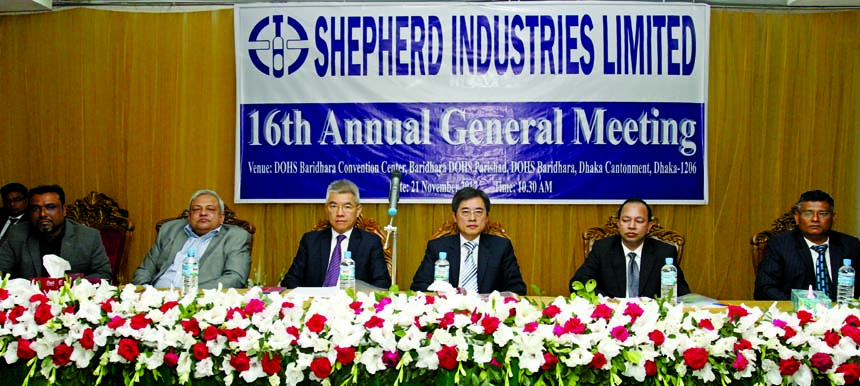 Chung Wen Kuei, Chairman of Shepherd Industries Limited, presiding over its 16th AGM at a city convention center on Tuesday. Kao Wen Fu, Managing Director, Monzur Alam Khan, Independent Director, Md Ataur Rahman, CFO, Md Abdul Mannan, DMD and Mohammed Abu