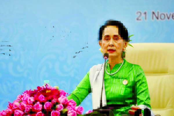 Myanmar State Counselor Aung San Suu Kyi speaks during a news conference at the Asia Europe Foreign Ministers (ASEM) in Naypyitaw, Myanmar on Tuesday. Internet photo