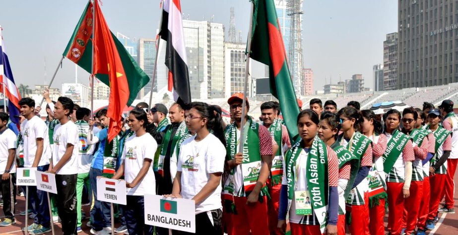 The participating teams of Asian Archery Championship taking part at the inaugural programme in the Banbgabandhu National Stadium on Saturday.