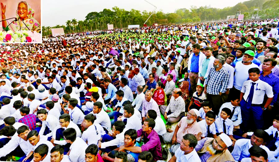 Prime Minister Sheikh Hasina addressing a grand rally as the Chief Guest marking the recognition of Bangabandhu Sheikh Mujibur Rahman's historic March 7 Speech by UNESCO at Suhrawardy Udyan in the city on Saturday.