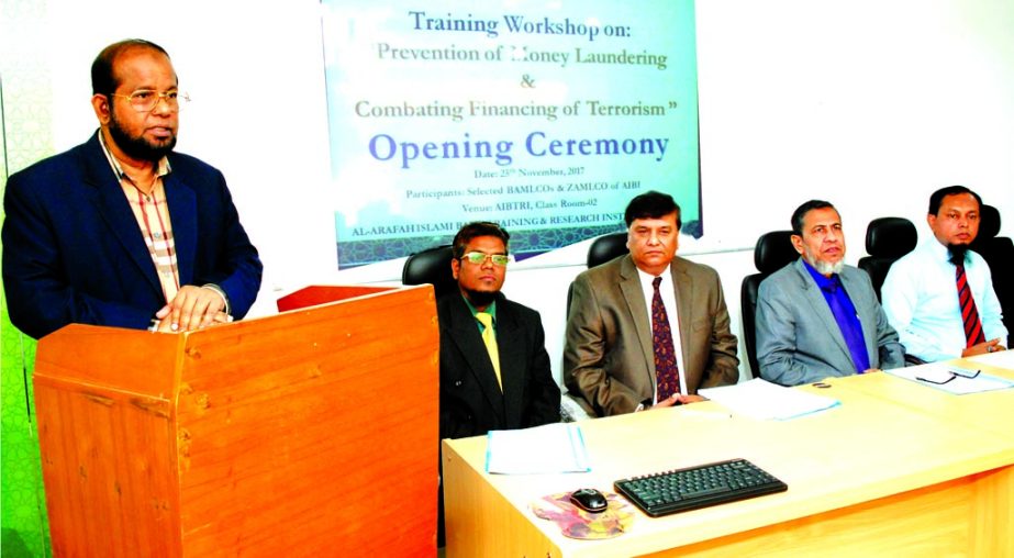 Md. Habibur Rahman, Managing Director of Al-Arafah Islami Bank Limited, addressing at the AML and CFT Compliance Training Programme at the bank's Training and Reserch Institute in the city on Saturday. Nurul Islam Khakifa, Principal of the institute, Moh