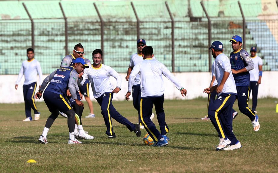 Players of Dhaka Dynamites during the practice session at the MA Aziz Stadium in Chittagong on Sunday.