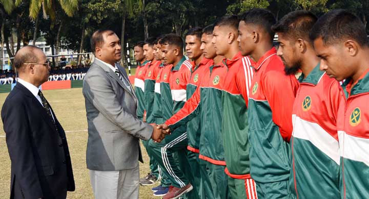 Acting GOC, 55 Infantry Division of Bangladesh Army Brigadier General Md Nurul Anwar is being introduced with the players of Bangladesh Army team prior to beginning of the inter service hockey meet on Sunday in Jessore.