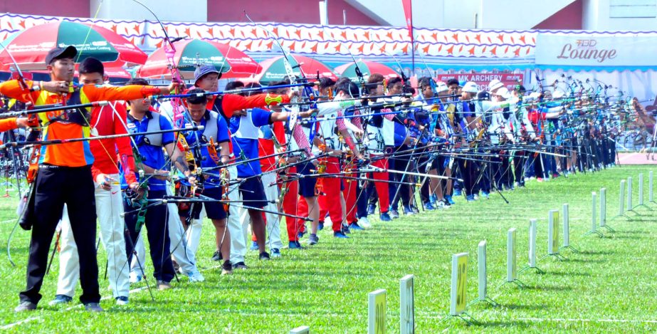 The archers in action during the first day of the Asian Archery Championship at the Bangabandhu National Stadium on Sunday.