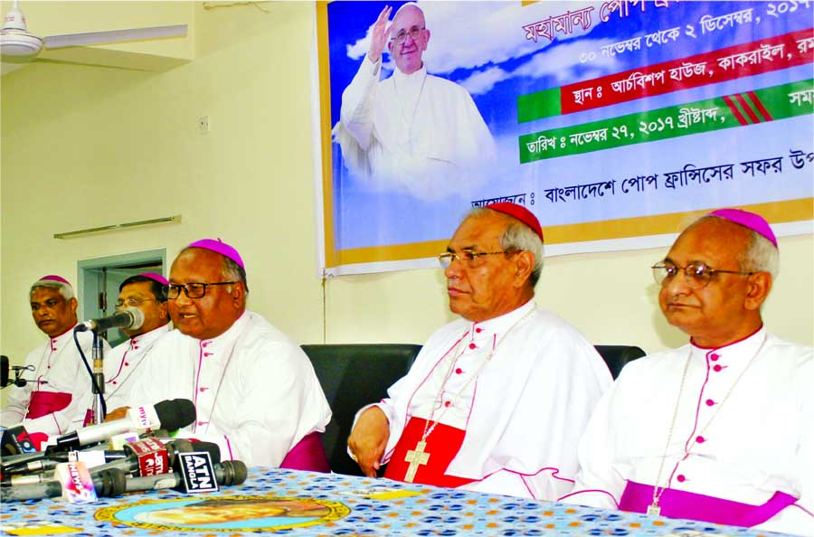 The top Catholic Official of Bangladesh Cardinal Patrick D' Rozario speaking at a prÃ¨ss conference at Kakrail Church in the city on Monday on the visit of Pope Francis in Bangladesh.