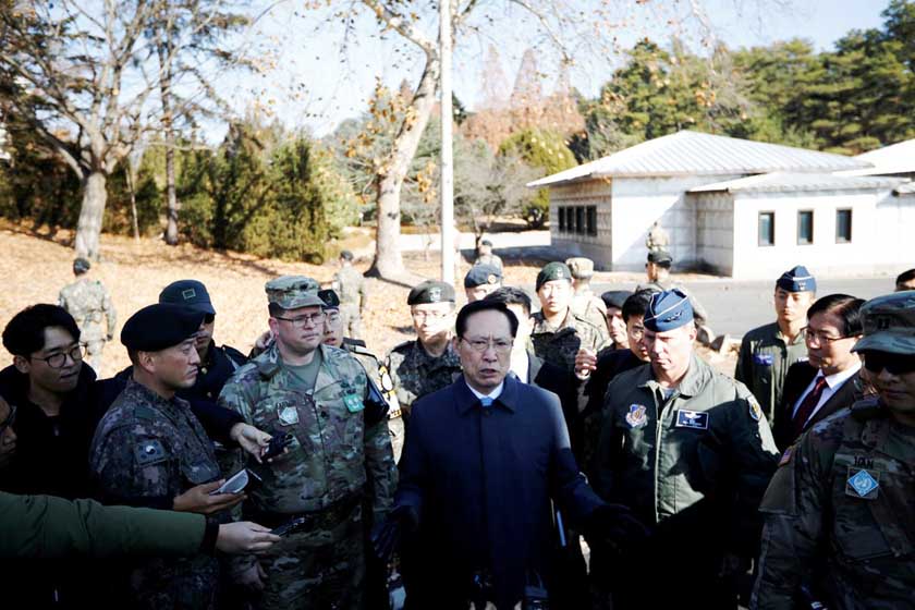 South Korean Defence Minister Song Young-moo speaks as he visits a spot where a North Korean has defected crossing the border on November 13, at the truce village of Panmunjom inside the demilitarized zone, South Korea on Monday.