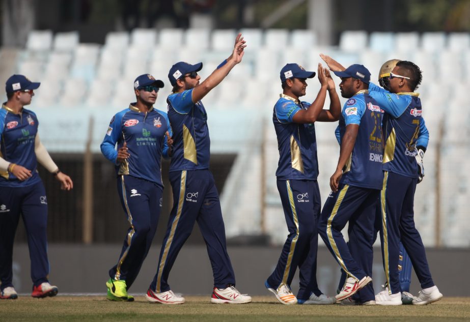 Players of Dhaka Dynamites celebrate after taking a wicket of Chittagong Vikings in their Bangladesh Premier League (BPL) T20 match at the the Zahur Ahmed Chowdhury Stadium, Chittagong on Monday.