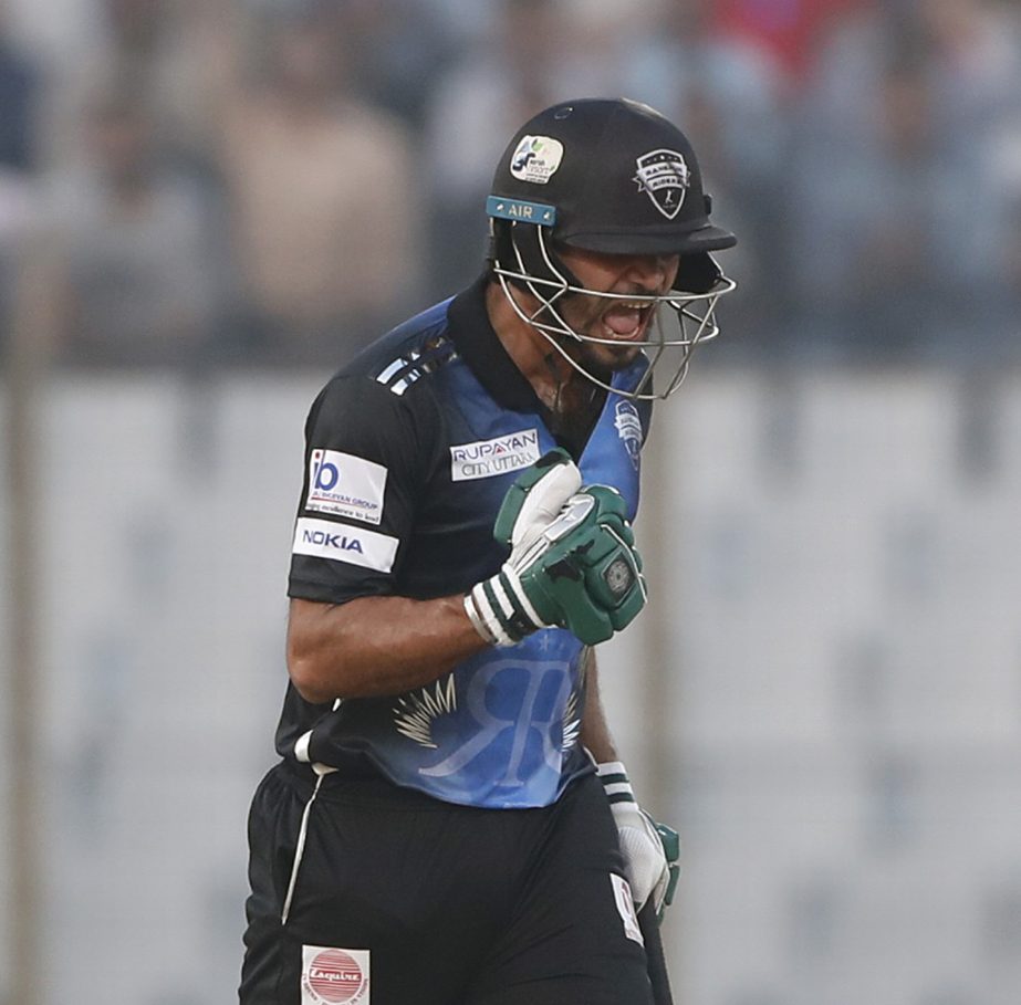 Mashrafe Bin Mortaza of Rangpur Riders reacts after hitting a six during the match of the AKS Bangladesh Premier League (BPL) Twenty20 Cricket between Rangpur Riders and Sylhet Sixers at the Zahur Ahmed Chowdhury Stadium in Chittagong on Tuesday.