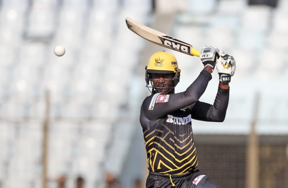 Darren Sammy of Rajshahi Kings hits a ball during the match of the AKS Bangladesh Premier League (BPL) Twenty20 Cricket between Rajshahi Kings and Chittagong Vikings at the Zahur Ahmed Chowdhury Stadium in Chittagong on Wednesday.