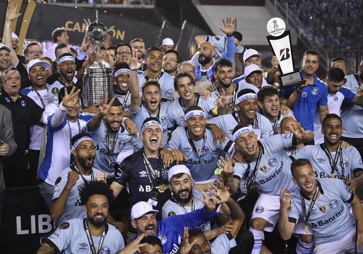 Brazil's Gremio soccer team celebrates winning the Copa Libertadores championship after playing Argentina's Lanus in Buenos Aires, Argentina on Wednesday.