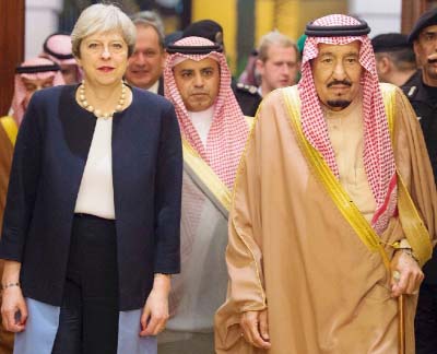 British Prime Minister Theresa May urges Saudi Arabia to urgently ease a blockade on Yemen to "avert a humanitarian catastrophe"" during talks with King Salman in Riyadh on Wednesday."
