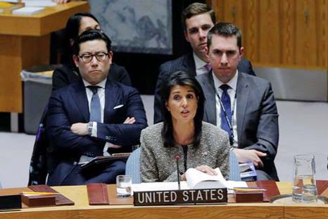 United States Ambassador to the United Nations (UN) Nikki Haley speaks during a meeting of the UN Security Council to discuss a North Korean missile launch at UN headquarters in New York on Wednesday