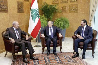 Lebanese President Michel Aoun, centre, meets with Prime Minister Saad Hariri, right, and Parliament Speaker Nabih Berri, left, at the Presidential Palace in Baabda, east of Beirut, Lebanon on Monday
