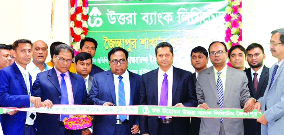 Azharul Islam, Chairman, Board of Directors of Uttara Bank Limited, inaugurating its 231st branch at Nizpat in Jaintapur in Sylhet on Thursday.Mohammed Rabiul Hossain, Managing Director, Md. Ibrahim Uddin, Sylhet Zonal Head of the bank and local elites we