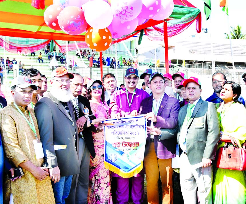 Mayor of Chittagong City Corporation and General Secretary of CJKS AJM Nasir Uddin inaugurating the 2nd Masters & Invitational Athletics Competition by releasing the balloons as the chief guest at the MA Aziz Stadium in Chittagong on Friday. Above 200 ath