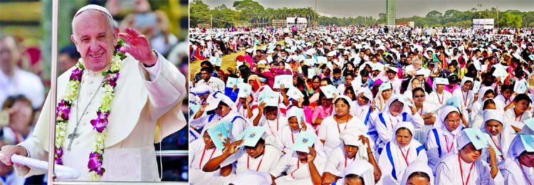 Pope Francis celebrating the 'Holy Mass' a prayer service held at the Suhrawardy Udyan in city on Friday.