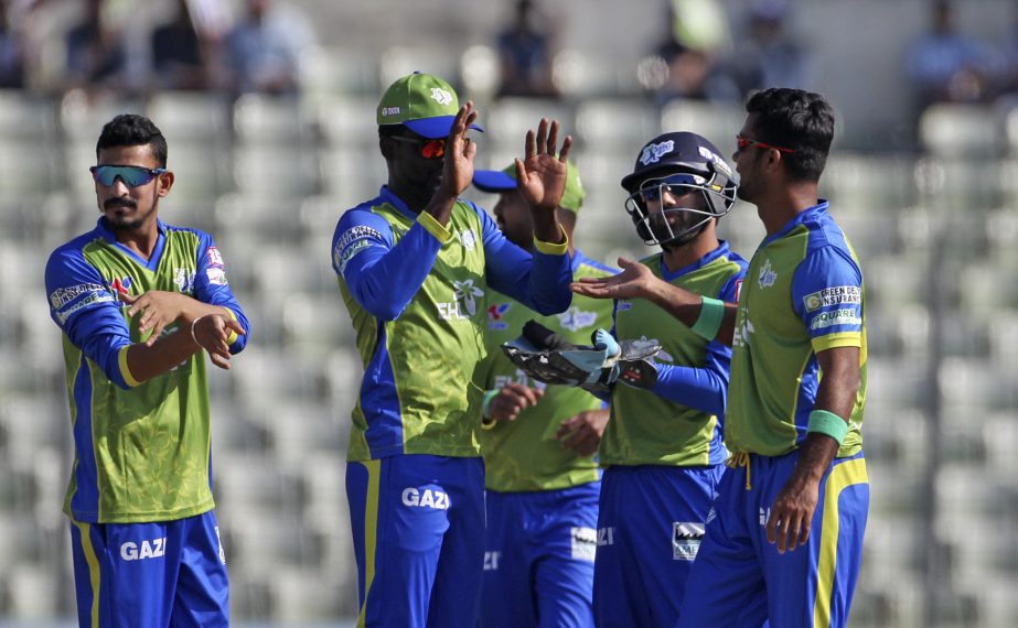 Players of Sylhet Sixers celebrating after dismissal of a wicket of Chittagong Vikings during their match of the AKS Bangladesh Premier League (BPL) Twenty20 Cricket at the Sher-e-Bangla National Cricket Stadium in the city's Mirpur on Sunday.