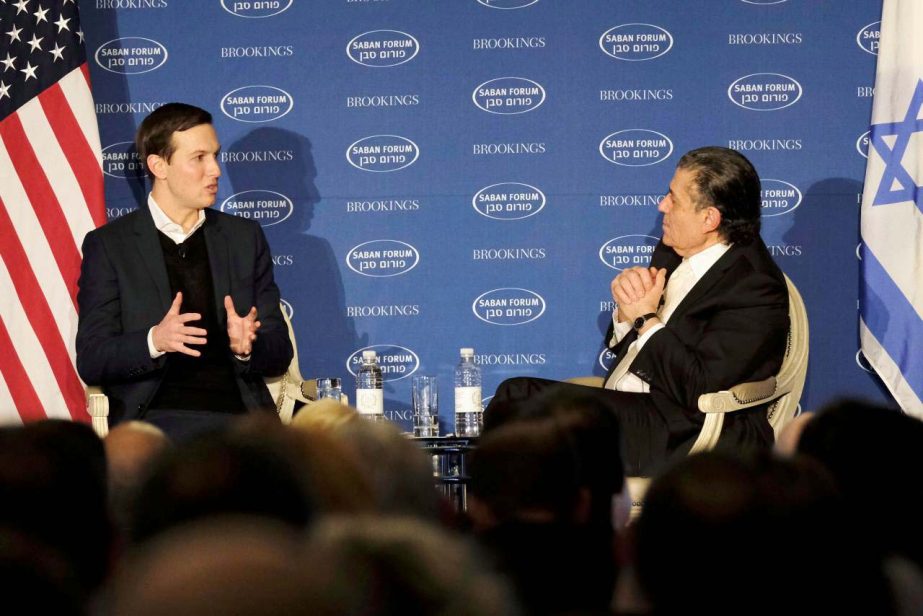White House senior adviser Jared Kushner, speaks with Haim Saban, about the Trump administration's approach to the Middle East region at the Saban Forum in Washington, U.S.