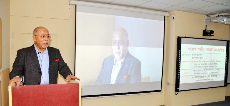 Ashraf-ud-Dowla, former secretary and ambassador speaks as chief negotiator at a seminar on research method organized by the Dr Wazed International Training and Research Institute of Begum Rokeya University on Saturday.