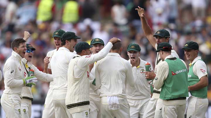 Australian teammates celebrate the wicket of England's Alastair Cook out lbw for 16 runs during the fourth day of their Ashes cricket test match in Adelaide on Tuesday.