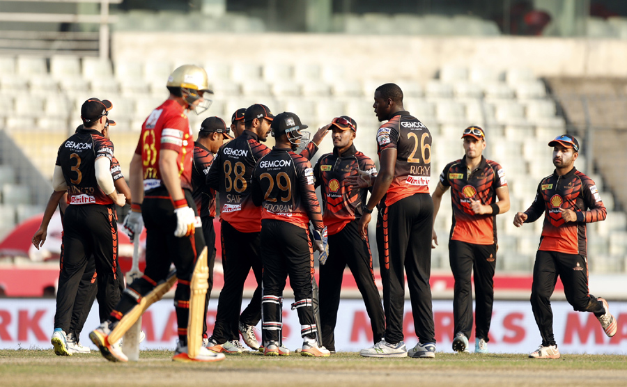 Players of Khulna Titans celebrating after dismissal of a wicket of Comilla Victorians during their match of the AKS Bangladesh Premier League (BPL) Twenty20 Cricket at the Sher-e-Bangla National Cricket Stadium in the city's Mirpur on Tuesday.