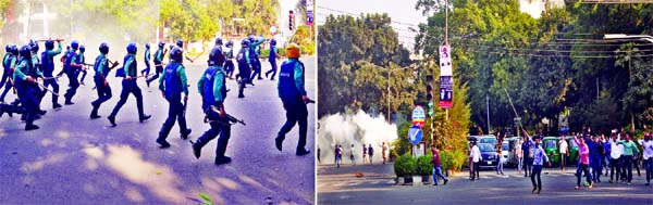 Police intercepted the BNP procession protesting arrest warrants against party Chairperson Begum Khaleda Zia near city's Doel Chattar and dispersed them by lobbying tear-shells on Tuesday.