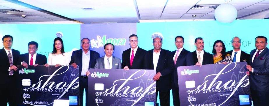 Mohammed Shoeb, Chairman of City Bank Ltd, launching Agora American Express Card at a city hotel on Wednesday. Sanjay Rishi, Regional President, International Business Development, One India & Network Partnerships, South Asia and Australia, American Expre