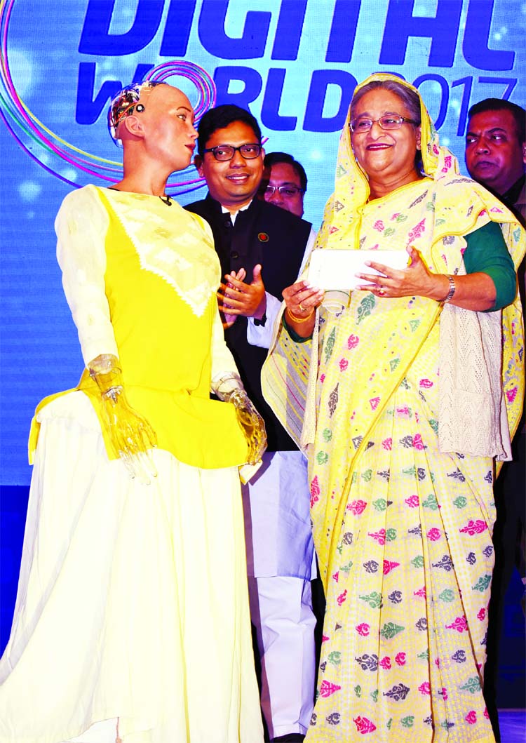 World's first robot citizen 'Sophia' meets Prime Minister Sheikh Hasina at Bangladesh International Conference Centre (BICC) in city on Wednesday.