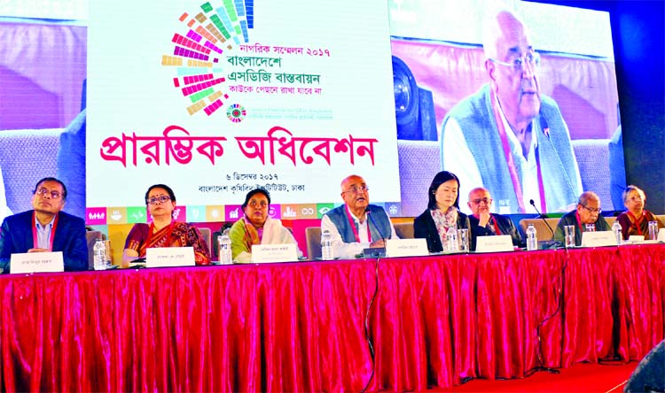 CPD Fellow Dr Debapriya Bhattacharya speaking at a discussion organised by Citizen's platform for Sustainable Development Goals (SDGs), Bangladesh held at the Krishibid Institution on Wednesday. Among others Economist Dr Rehman Sobhan and CPD Executive D