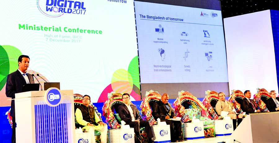 Prime Minister's ICT Affairs Adviser Sajeeb Wazed Joy speaking at the conference of ICT ministers on the second day of Digital World at Bangabandhu International Conference Center in the city on Thursday.