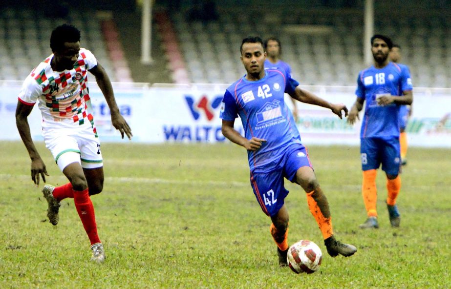 A moment of the match of the Saif Power Battery Bangladesh Premier League Football between Bangladesh Muktijoddha Sangsad Krira Chakra and Brothers Union at the Bangabandhu National Stadium on Sunday. Muktijoddha won the match 2-0.