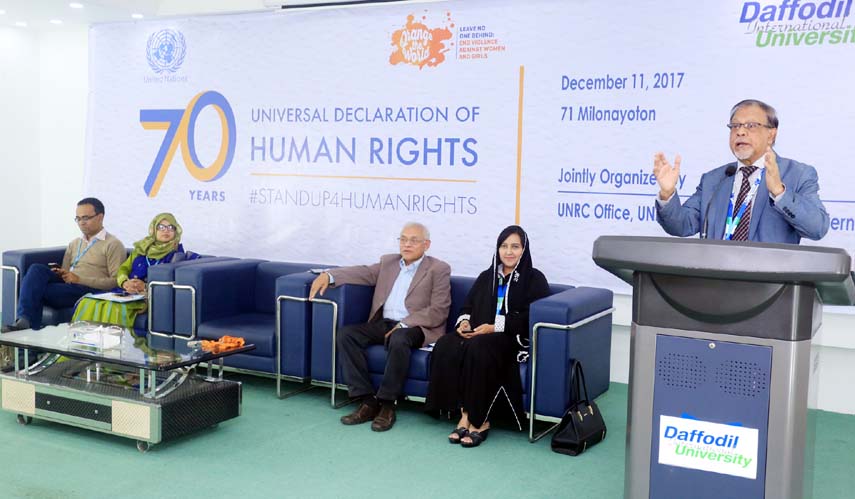 Prof Dr SM Mahabub Ul Haque Majumder, Acting Vice Chancellor of Daffodil International University addressing the Human Rights Day program jointly organized by UNRC, UNIC, Dhaka at the University premises on Monday.