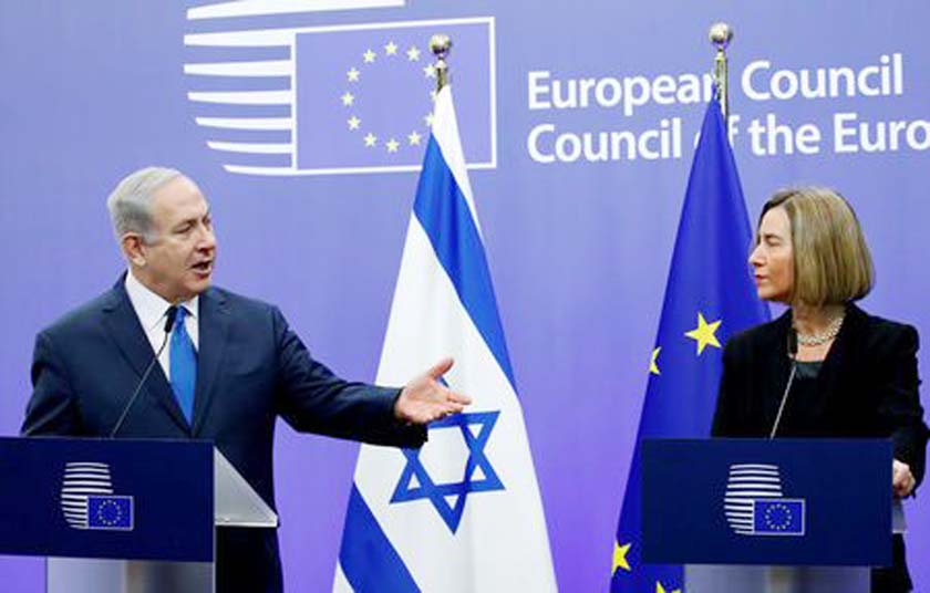 Israel's Prime Minister Benjamin Netanyahu and European Union foreign policy chief Federica Mogherini brief the media at the European Council in Brussels.