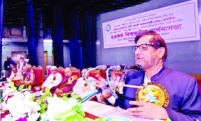 Cultural Affairs Minister Asaduzzaman Noor speaking at the International All Religious Universal Prayers organised by Hakkani Anjuman Bangladesh at the Engineers' Institution in the city on Tuesday.