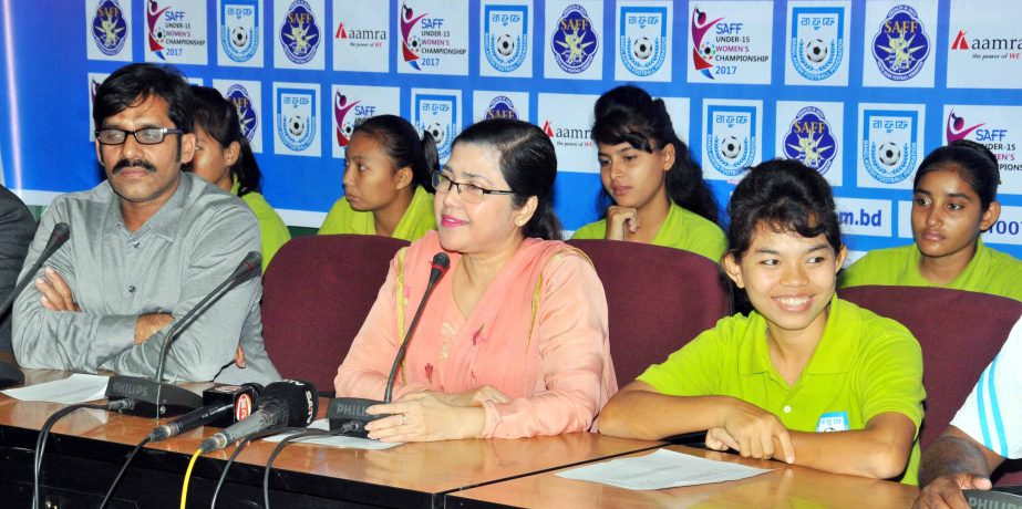 Chairperson of the Women's Committee of Bangladesh Football Federation (BFF) Mahfuza Akter Kiron speaking at a press conference at the conference room of BFF House on Tuesday.