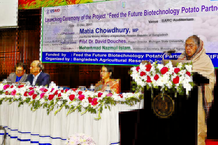 Agriculture Minister Matia Chowdhury speaking as Chief Guest at the launching ceremony of the Project " Feed the Future Biotechnology Potato Partnership at BARC Auditorium organised by the Bangladesh Agricultural Research Institute in the city yesterday"