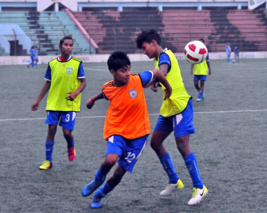 Members of Bangladesh Under-15 National Women's Football team during their practice session at the Bir Shreshtha Shaheed Sepoy Mohammad Mostafa Kamal Stadium in the city's Kamalapur on Wednesday.