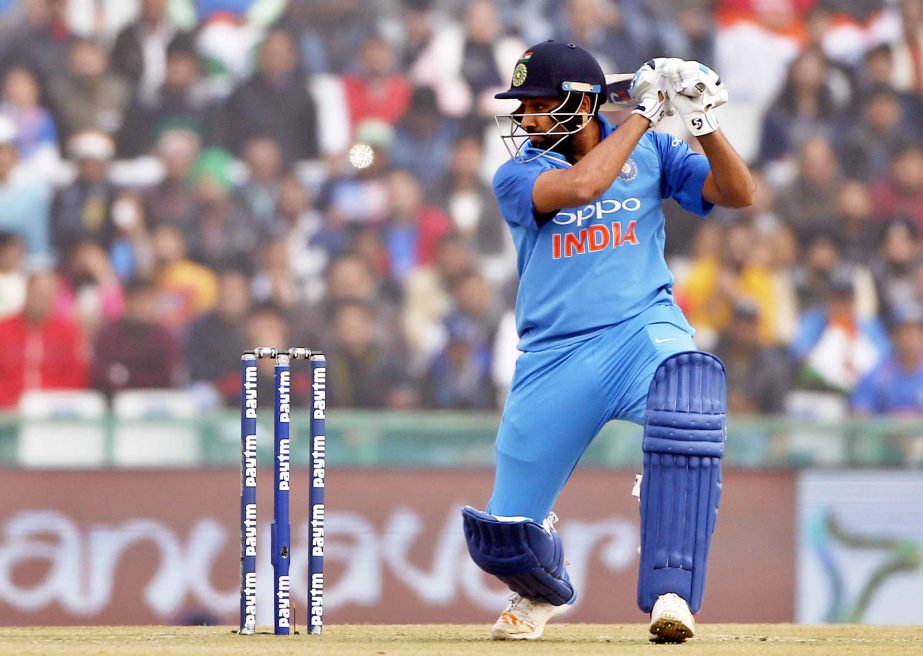 India's captain Rohit Sharma watches his shot during their second One Day International cricket match against Sri Lanka in Mohali, India on Wednesday. India won the match by 141 runs.